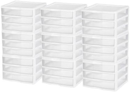 Sterilite 9-Pack Wide 3 Drawer Unit, Plastic Desktop Organizer with Clear Drawers, White Frame - Stackable Multi-Purpose Storage for Office Supplies, Craft Rooms, Classrooms and Home Organization