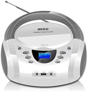 LONPOO CD Player Portable Boombox with FM Radio/USB/Bluetooth/AUX Input and Earphone Jack Output, Stereo Sound Speaker & Audio Player,White