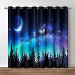 Jekeno Forest Night Sky Blackout Curtains, North Star Moonlight Decor, Starry Moon Galaxy Nature Theme Grommet Window Drapes for Bedroom Living Room, 52 Wide 84 Long inches 2 Panels