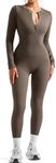 SUUKSESS Women Long Sleeve Ribbed Workout Jumpsuit Seamless One Piece V Neck Button Down Yoga Jumpsuits (Coffee,M)