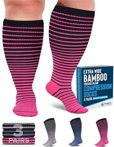 Doctor's Select 3 Pairs Plus Size Compression Socks Wide Calf | Bamboo Viscose Knee High Socks | Extra Wide Calf Compression Socks | Pink, Cobalt Blue, Grey (Black Stripes)