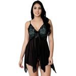 Jomferry Spandex Women Babydoll Lingerie for Honeymoon, Baby Doll Night wear Nighty Stylish Western Style Sleepwear for Women Black (M, Black and Turquoise)