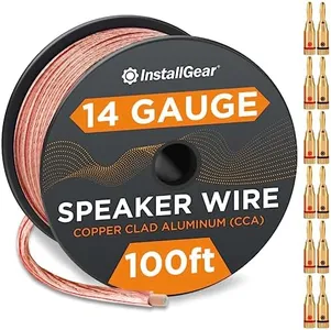 InstallGear 14 Gauge Wire AWG Speaker Wire with 12 Banana Plugs (100ft - Clear) | Speaker Cable for Car Speakers Stereos, Home Theater Speakers, Automotive Wire, Outdoor | Speaker Wire 14 Gauge