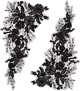 GORGECRAFT 1 Pair 3D Flower Embroidery Lace Fabric Black Sequin Ribbon Trim Embroidered Bead Floral Applique Sew on Patches Glitter Sewing Ornament Paillette Diy Costume Accessories for Bridal Wedding