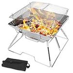 Odoland Collapsible Campfire Grill Camping Fire Pit, 304 Stainless Steel Grill Gate, Portable Camping Grill with Carrying Bag for Outdoor Backpacking Hiking BBQ