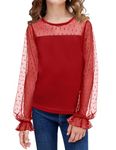 Arshiner Girls Long Sleeve Top Chiffon Kids Lantern Sleeves T-Shirts Round Neck Fashion Casual Shirt Elegant Spring Fall Winter Tee Shirt for Girls 9-10 Years Dark red