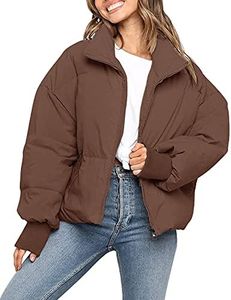 MEROKEETY Women's 2024 Winter Long Sleeve Zip Puffer Jacket Baggy Short Down Coats, Coffee, S