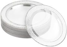 MATANA 60 Premium Clear Hard Plastic Dinner Plates with Hammered Silver Rim, 26cm / 10 Inch - Elegant & Reusable Party Plates for Weddings, Birthdays, Picnic, BBQ, Parties