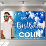 Happy Birthday Backdrop Background Banner Photo Personalised Blue Sign Poster Fabric Cloth Curtain Party balloon star Decorations man woman boy