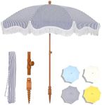 MFSTUDIO 7ft Beach Umbrella with Fringe, Tassel Umbrellas UPF50+ with Tilt Button & Crank, Holiday Outdoor Umbrella with Carry Bag, Ideal for Garden Lawn Poolside, Navy Blue Stripe