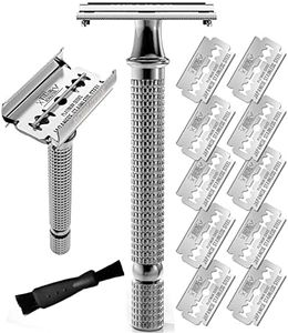 Viking Revolution Long Handle Double Edge Safety Razor - Butterfly Open Razor with 10 Japanese Stainless Steel Double Edge Safety Razor Blades - Close, Clean Shaving Razor for Men (Chrome Metal Razor)