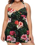 HDE Women's One Piece Swimdress Plus Size Tummy Control Boy Short Swimsuit (Black Hawaiian Floral, 18 (