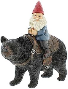 The Bridge Collection - Resin Gnome Riding on a Bear - Black Bear and Garden Gnome Garden Decor for Outside - Cottage, Garden, Cabin and Fantasy Decor