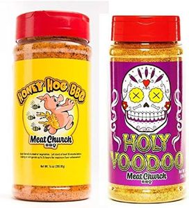 Meat Church BBQ Rub Combo: Honey Hog (14 oz) and Holy VooDoo (14 oz) BBQ Rub and Seasoning for Meat and Vegetables, Gluten Free, One Bottle of Each