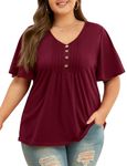 Tanst Sky Plus Size Tops for Women Dressy Ruffle Sleeve Shirts Ladies V Neck T Shirts Summer Loose Fit Tunic Tops to Wear with Leggings Wine Red 4XL