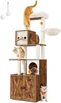 Feandrea Cat Tree with Litter Box Enclosure, 2-in-1 Modern Cat Tower, 72.8-Inch Tall Cat Condo with Scratching Posts, Perch, Caves, Basket, Washable Cushions, Rustic Brown UPCT116X01