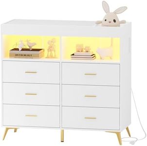 Babevy Changing Table Dresser with Drawers, Baby Dresser with Changing Table Top, Power Outlet, LED Light & Metal Feet, Diaper Changing Station Nursery Organizer for Infants Newborn, White