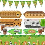 102 Pcs Jungle Party Supplies- Include Animal Paper Plates, Jungle Tablecloth, Safari Flag, Napkins, Paper Cups, Safari Theme Party Supplies for Kids Birthday, Baby Shower, Serves 20 Guests