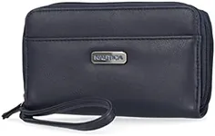 Nautica On The Double Zip Around Vegan Leather Womens RFID Clutch Wallet With Wristlet Strap (Indigo)