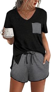 Aloodor Womens Two Piece Sets Outfits Striped V Neck Pajamas Black M