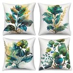 ChloropLastid Eucalyptus Leaves Throw Pillow Covers 18x18 Inch Green Gold Plants Decorative Soft Velvet Square Pillow Cases Tropical Leaves Cushion Outdoor Sofa Couch Home Decor Set of 4