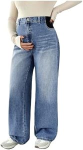 MakeMeChic Women's Maternity Jeans Wide Leg Over The Belly Straight Pregnancy Jeans Denim Pants Blue and White XX-Large