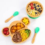 Vinsani Bamboo Monkey Plate Bowl and Spoon Set for Baby Toddler Kids Children, Suction Plate, Stay-Put Non-Slip Base Design, Hypoallergenic, Food-Grade Silicone and BPA-Free Baby Feeding Set (Green)