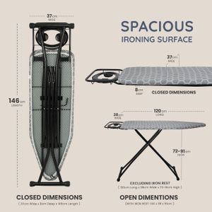 CUQOO Folding Ironing Board – 122x38cm Adjustable Laundry Table