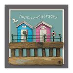 Holy Mackerel pink and turquoise Anniversary huts, a beach hut themed Seth Draper anniversary greetings card, 15cm square and blank inside