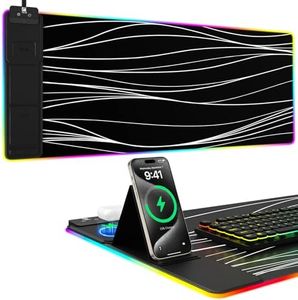 Mouse Pad with Phone Holder, Wireless Charging Desk Mat, RGB Gaming Mousepad Home Office Large Desk Pad with Ultra-Smooth Surface, Non-Slip Base, Waterproof Keyboard Pad,Wavy Black