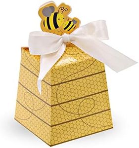 SumDirect Paper Beehive Gift Boxes - Bumble Bee Candy Boxes with Ribbons, 50PCS Baby Shower Wedding Favor Beehive Decorations