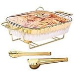 YURIKACHARM Ceramic Food Warmer, White Chafing Dishes Buffet Set with 2 Gold Serving Tongs (Large 2.4 quarts)