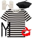 Mega_JumbleSale® French Women/Ladies French Set MIME ARTIST Costume - Black Beret Hat, T-shirt, Scarf, Gloves, Braces - Cosplay Theme Party Fancy Dress (L - 12/14)