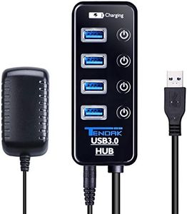 Tendak USB 3.0 Hub with 4 USB 3.0 Data Ports + 1 USB Smart Charging Port and Power Supply Adapter with Individual On/Off Port Switches