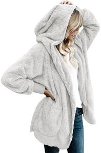 Womens Fuzzy Jacket Sherpa Coat Open Front Hooded Cardigan Outwear with Pockets (Large, Light Grey)