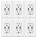 ELECTECK 6 Pack USB Wall Outlets, 4.8A Ultra Slim USB Receptacle with High Speed USB Quick Charging Ports, 15 Amp Tamper Resistant Receptacle, Self-Grounding, Wall Plate Included, UL Listed, White