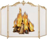 WICHEMI Fireplace Screen 3 Panel Folding Fireplace Screens 50.4 x 32.3 Inch Metal Furnace Fireguards Mesh Cover Baby Safe Proof Fence Spark Guard Cover Wrought Iron Fire Place Standing Gate (Golden)