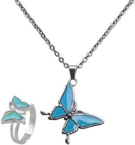 Temperature Colors Change Pendant Mood Necklace Finger Ring - Butterfly Pendant Necklace for Women Girls