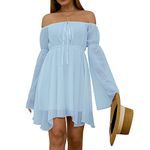 Women's Bustiers & Corsets Women Off Shoulder Mesh Short Chiffon Dress Irregular Adjustable Lace Up Long Puff Sleeve Swing Mini Dress Blue L