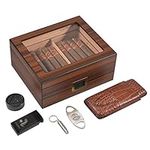 Black Ebony Humidor Cigar Box, Cigar Kit with Travel Cigar Case,2-in-1 Cigar Lighter,Cigar Cutter,Cigar Punch/Digital Hygrometer/Humidifier,Cigar Gift for Men/Women