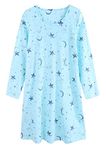 CHUNG Women's Cotton Nightgowns Long Sleeve Crew Neck Cartoon Print Sleepdress Sleepwear Loose Nightdress Nightshirt Soft Pajamas, Aqua Star, L