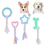 Molain Puppy Chew Toys for Teething, 4PCS Rubber Puppy Teething Chew Toys with Interactive Cotton Ropes Dog Chew Toys Cute Pink Puppy Toys for Anxiety Relief Cleaning Teeth and Protect Oral Health