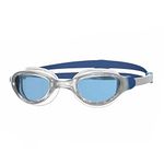 Zoggs Phantom 2.0 Adult Swimming Goggles, UV Protection Swim Goggles, Quick Adjust Adult Goggles Straps, Split Yoke Comfort Swimming Goggle Strap, Fog Free Clear Swim Goggle Lenses, White/Blue