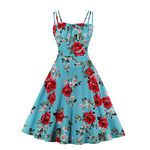 Wellwits Women's Red Rose in Blue Summer Strap Sundress 1950s Vintage Dress 4XL