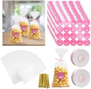 220 Pack Clear Popcorn Bags Bulk 4.92 x 10.83 Inch Cellophane Treat Bags with She Is Going to Pop Label 2 Rolls Ribbon Plastic Popcorn Bags for Party Gift Wrapping Food Storage Baby Shower Decor(Pink)