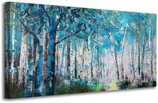 Ardemy Blue Tree Canvas Wall Art Forest Landscape Picture Modern Birch Trees Nature Teal Abstract Painting Artwork, Large Size Framed for Home Office Living Room Bedroom Bathroom Wall Decor 40"x20"