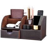 KINGFOM PU Leather Office Desk Organiser Tidy Pen Pencil Pots Holder Stationery Storage Box Desk Accessories Brown