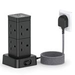 Tower Extension Lead 1.8M with USB C Slots, 8 Way Outlets Power Strip [13A 3250W], Compact Surge Protected Extension Lead Black, Desktop Multi Plug Extension Socket for Office Desk, Nightstand