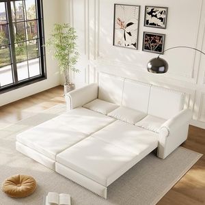 Tabaray 93.7" King Pull Out Sofa Bed, Faux Leather Sleeper Sofa Couch, 3 in 1 Convertible Futon Couches for Living Room, Small Space, Apartment, Office, Bedroom, Modern Rivet Armrest, Cream White