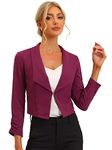 Allegra K Women's Work Office Cropped Blazer Notched Lapel Long Sleeve Open Front Short Jacket Purple Berry Large